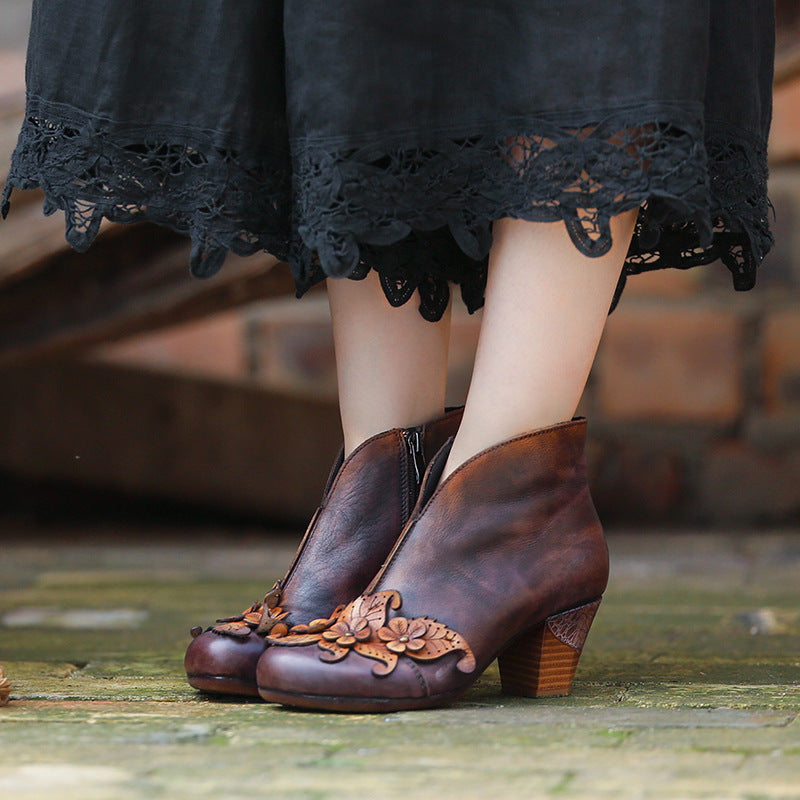 Women's First Layer Cowhide Flower High Chunky Boots
