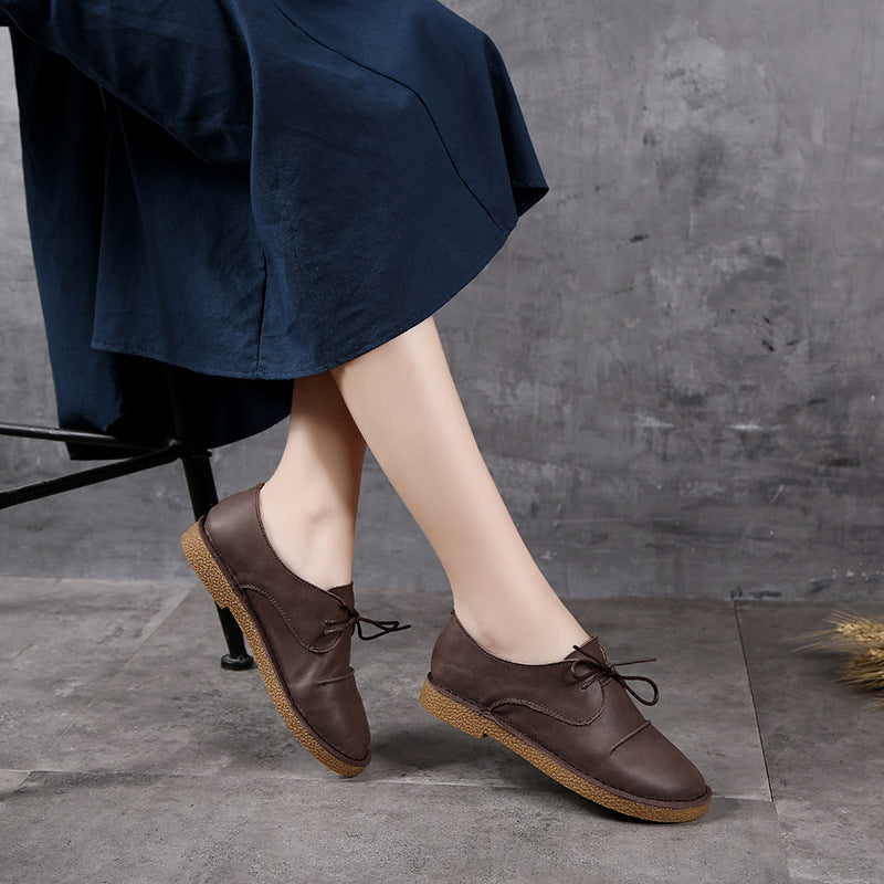Women's Flat Round Head Hand Stitching Genuine Casual Shoes