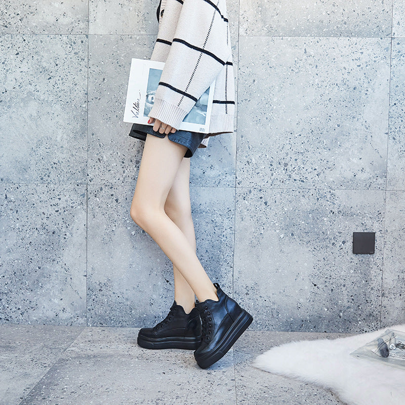 Women's Platform Cowhide Height Increasing Insole Wedge Boots