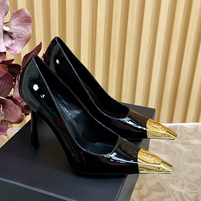 Women's Metal Square Toe Stiletto High Closed Black Thin Color Matching Heels