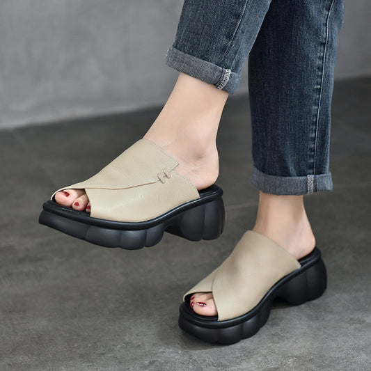 Women's Two-pair Thick-soled Muffin Top Layer Cowhide Slippers