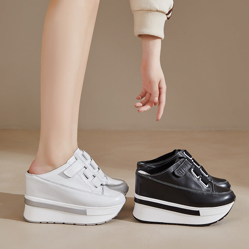 Platform Top Layer Cowhide Mesh White Sandals