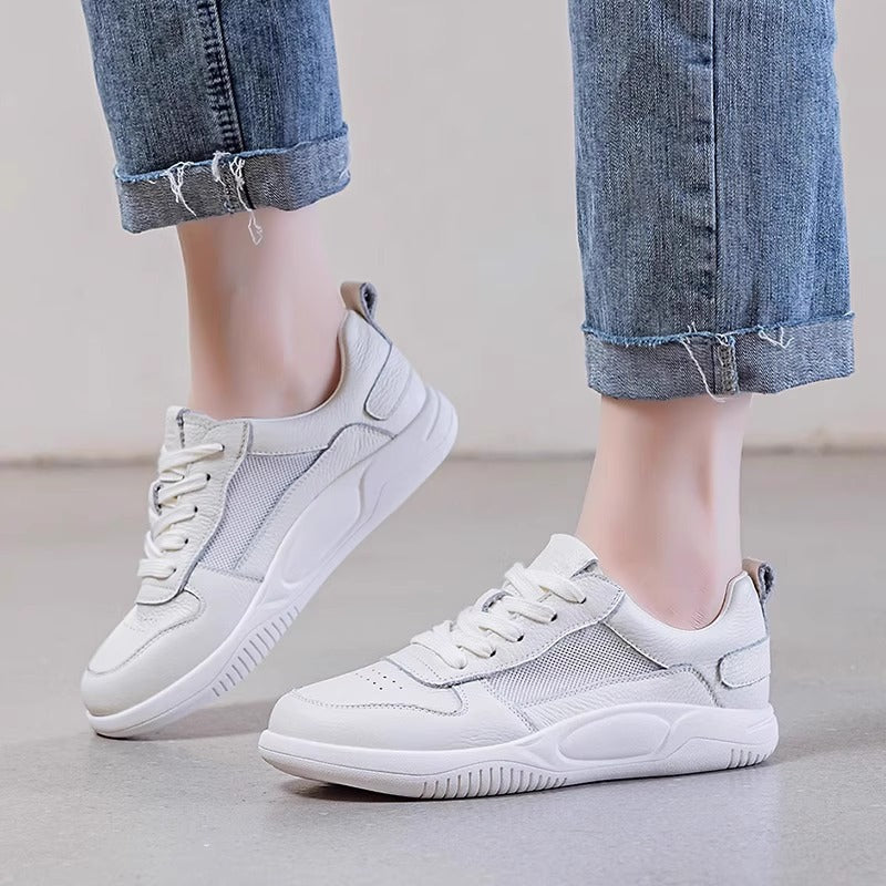 Women's Cowhide Mesh Surface White Flat Pumps Soft Bottom Comfortable Sports Women's Casual Shoes