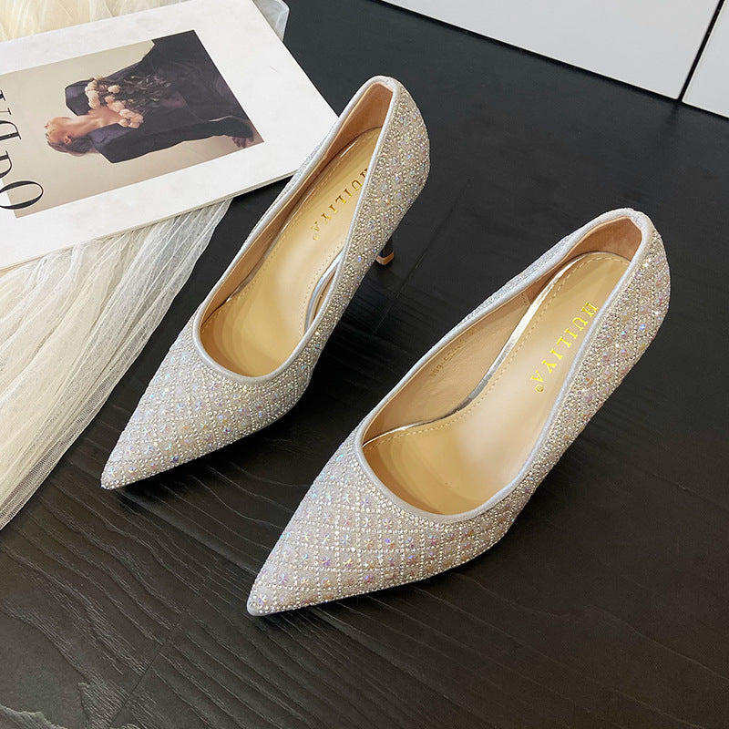 Spring Pointed Crystal Pearl Full Diamond Low-cut Heels