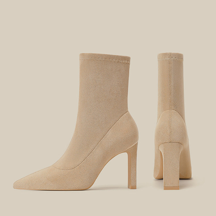 Women's Pointed Toe Stretch Ankle Suede Stiletto Design Temperament Socks Heels