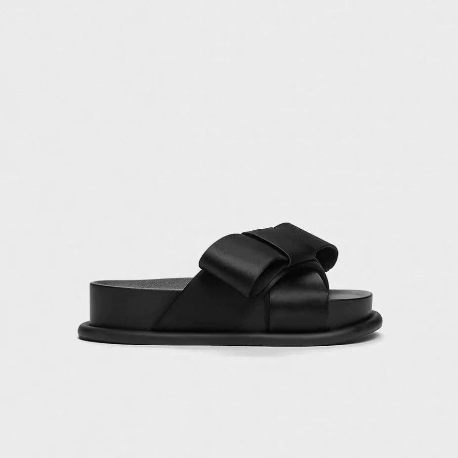 Women's French Style Big Bow Platform Outer Wear Slippers