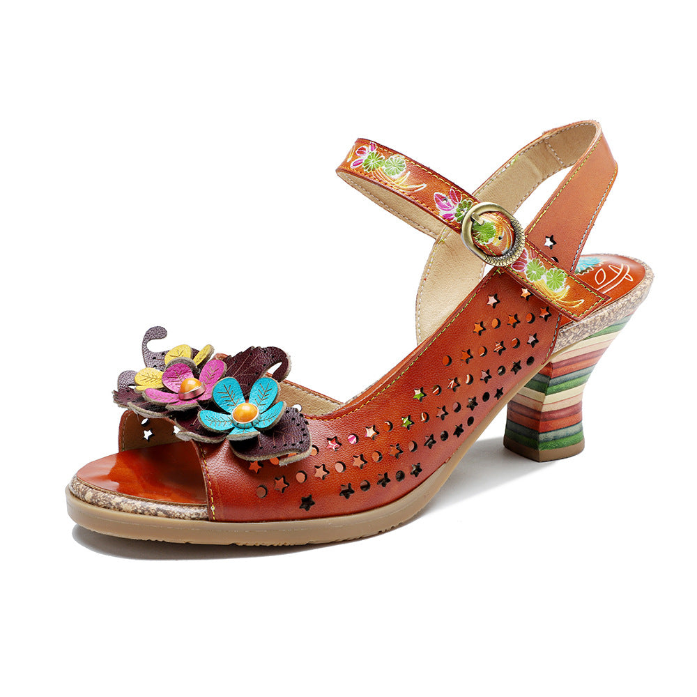 Hand-rub Color Hollow Three-dimensional Flower Comfortable Heels