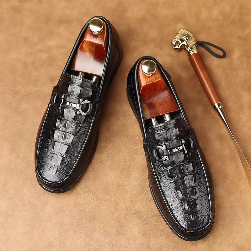 Men's Spring Breathable Trendy Crocodile Pattern British Men's Business Leather Shoes
