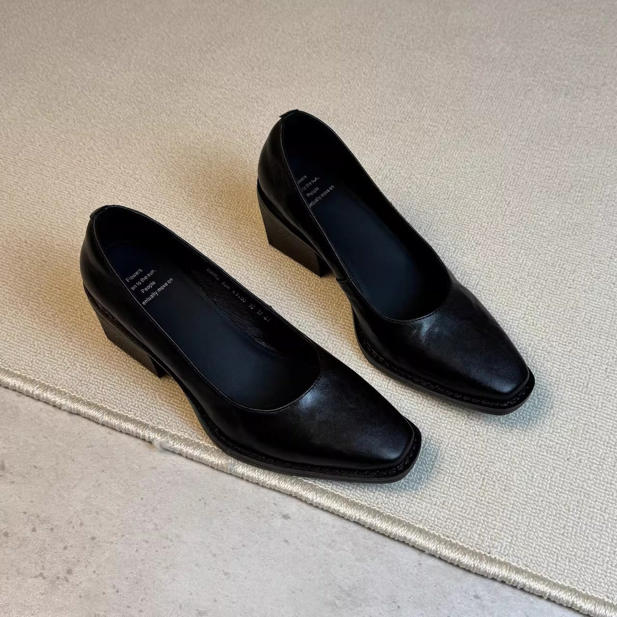 Genuine Retro Simple Style Square Head Chunky Low-cut Female Classy Heels