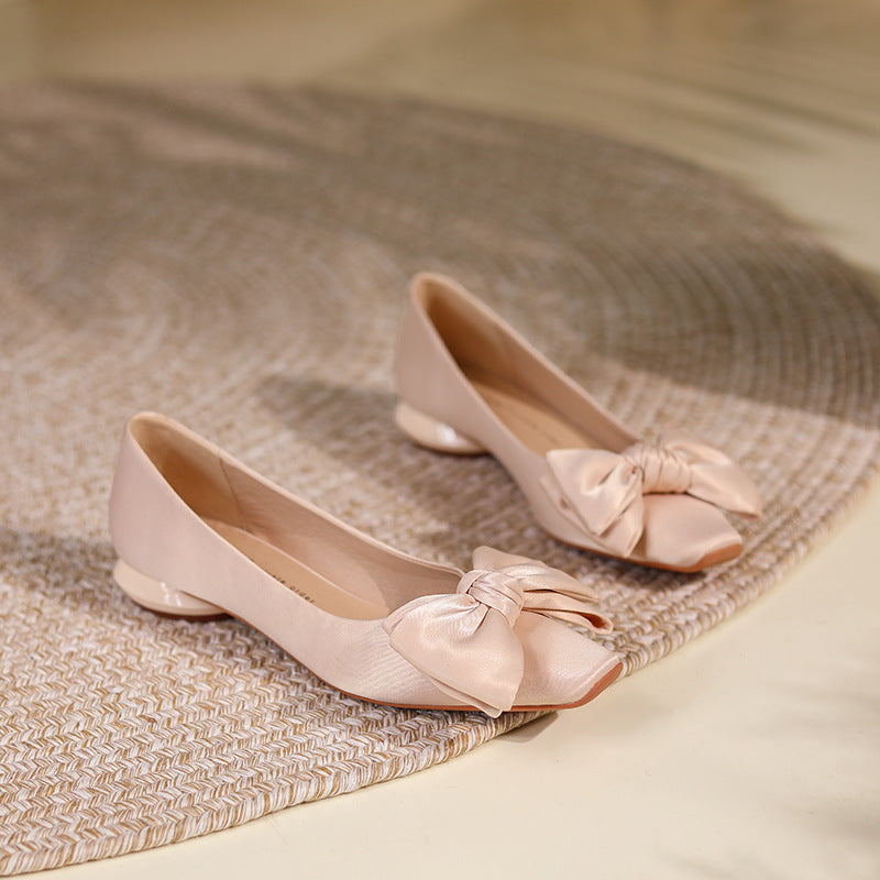 Women's Square Head Pumps Bow Chunky Low Women's Shoes