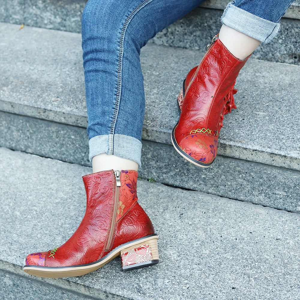 Women's Hand-rub Color Genuine Stitching Printing Straps Boots