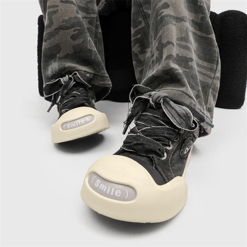 Men's Smiling Platform Denim Big Head Green Canvas Shoes