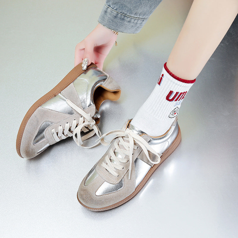 Women's Vintage Genuine Gold Sier Flat German Training Low Top Sneakers