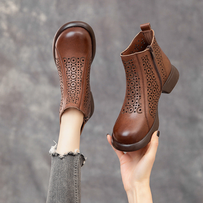 Women's Cowhide Soft Bottom Chunky Hollow Retro Heels