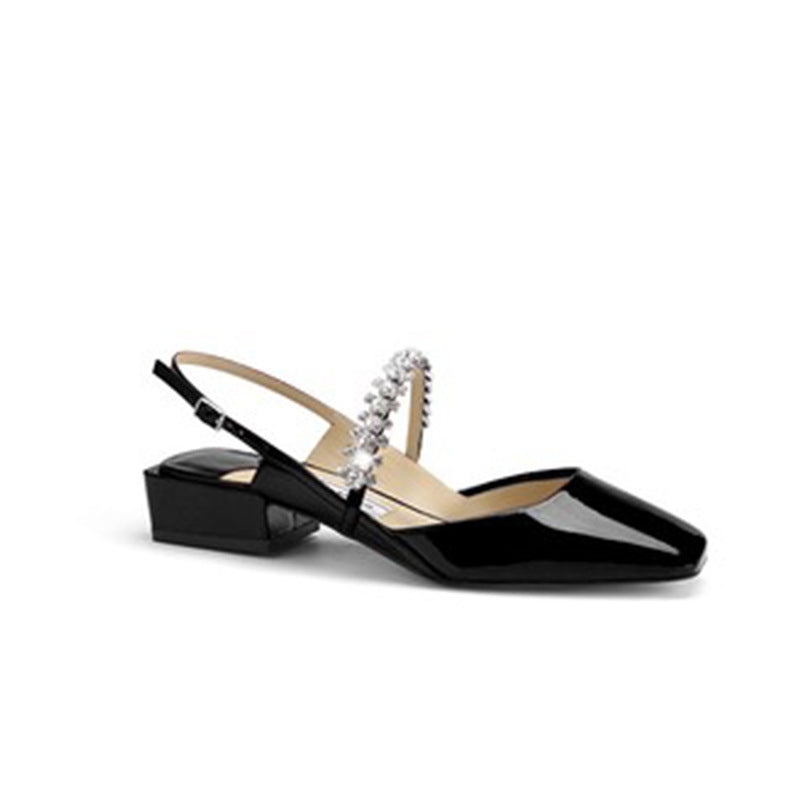 Women's Diamond Band Back Empty Square Toe Low-cut Thick Box Women's Shoes