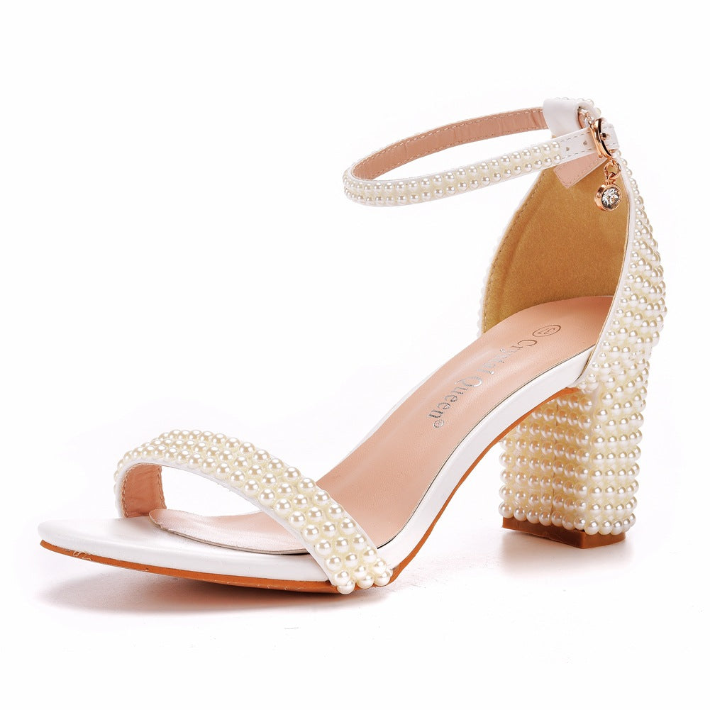 Strap Round Toe Root White Pearl Heels