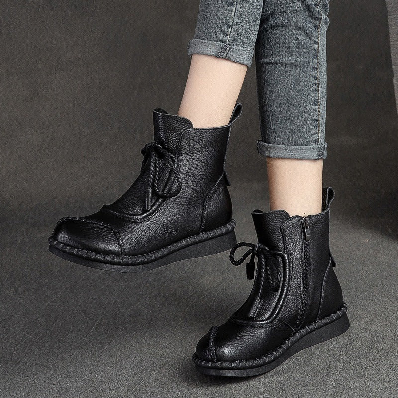 Women's Shu Flat Round Head Polished Retro Boots