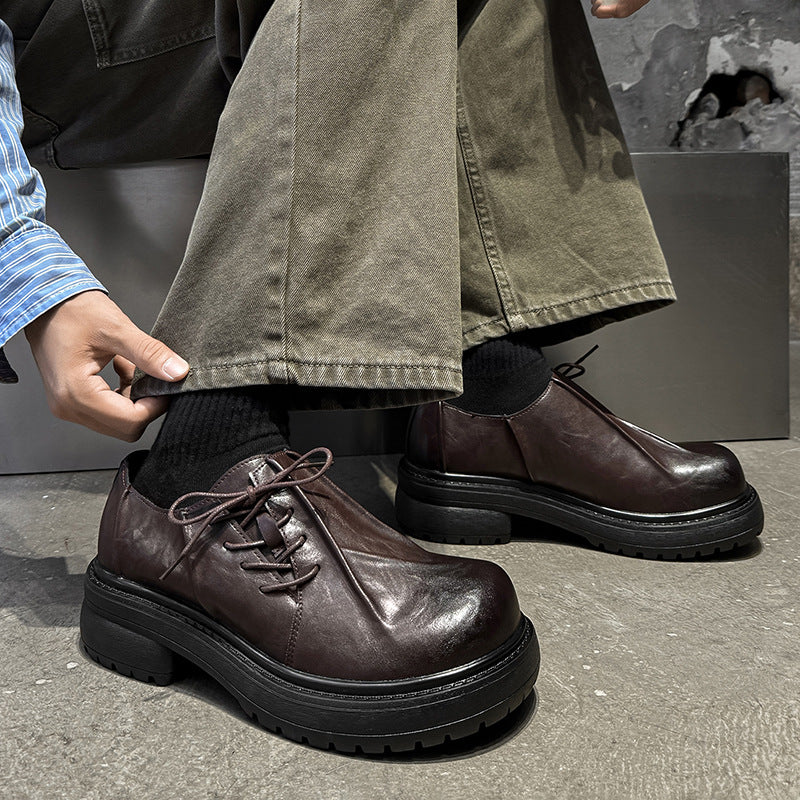 Women's & Men's Height Increasing Black Platform Warped Head Commuter Trendy British Leather Shoes