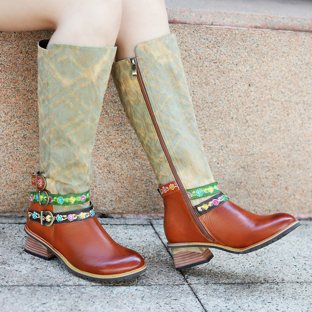 Women's Handmade Genuine Brushed British Retro Patchwork Belt Boots