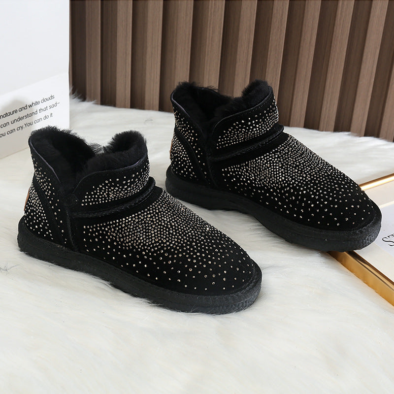 Women's Fleece-lined Thickened Winter Cotton Warm Rhinestone Snow Boots