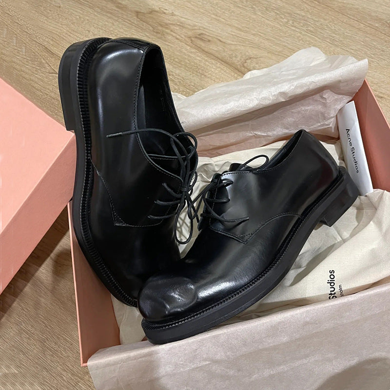 Women's & Men's On The Crooked Derby British Style Round Head Big Leather Shoes