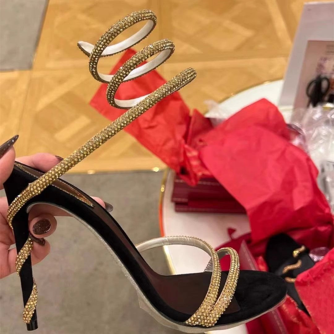 Women's Snake-shaped Round Temperament Pressure Diamond Fairy Style Heels