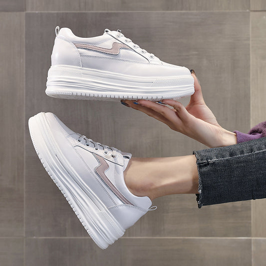 Women's White Spring First Layer Cowhide Thick-soled Casual Shoes