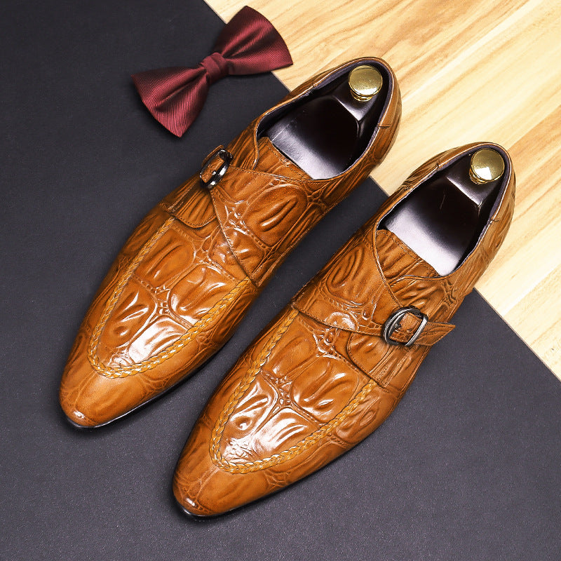 Men's Alligator Pattern Formal Wear First Layer Cowhide Pointed Men's Business Leather Shoes