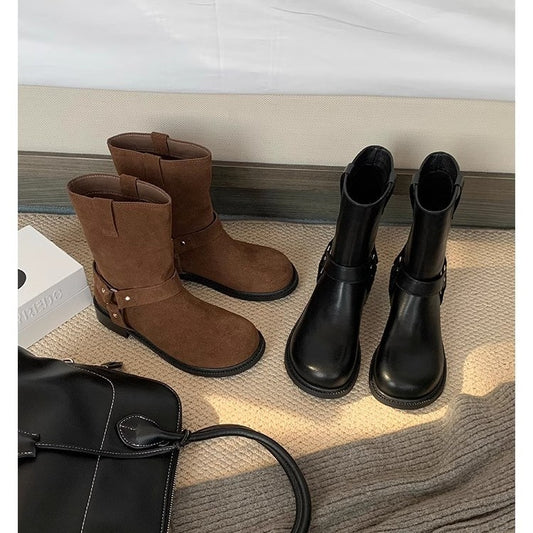 Women's Toe Metal Buckle Retro Low Western Boots
