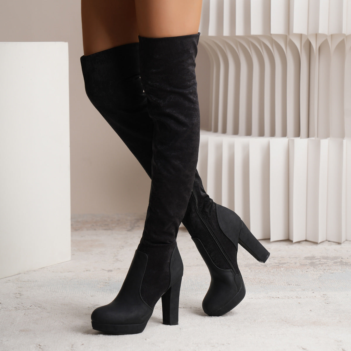 Women's Knee High Elastic Frosted Platform Chunky Boots