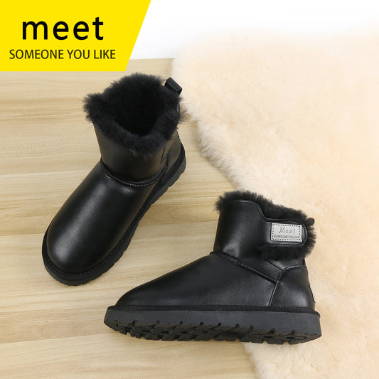 Women's Genuine Fur Integrated Waterproof Ankle Fleece-lined Snow Boots