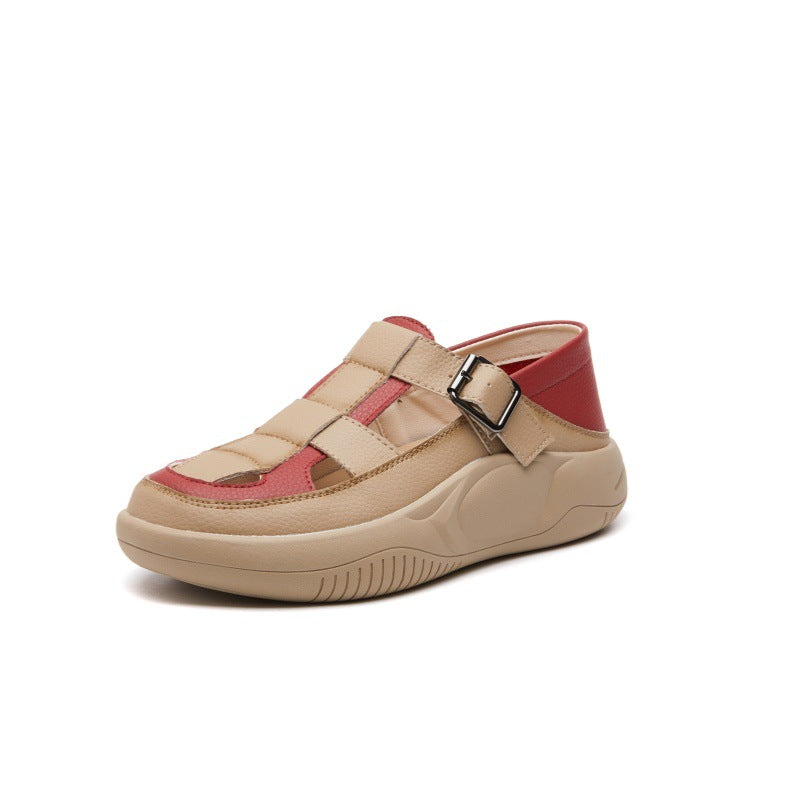 Women's Toe Summer Retro Color Matching Genuine Thick Bottom Hollow Sandals