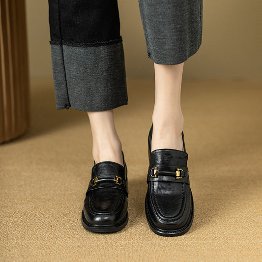 Buckle One Pedal Flat Bottom Pumps Female British Leather Shoes