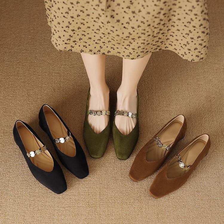 Women's Sheepskin French Square Head Gold Coin Mary Jane Women's Fashion Shoes