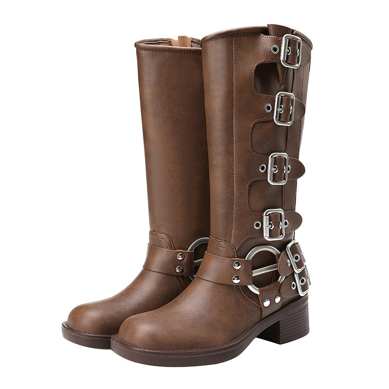 Women's Knee-high Round Head Sleeve Motorcycle Retro Western Boots