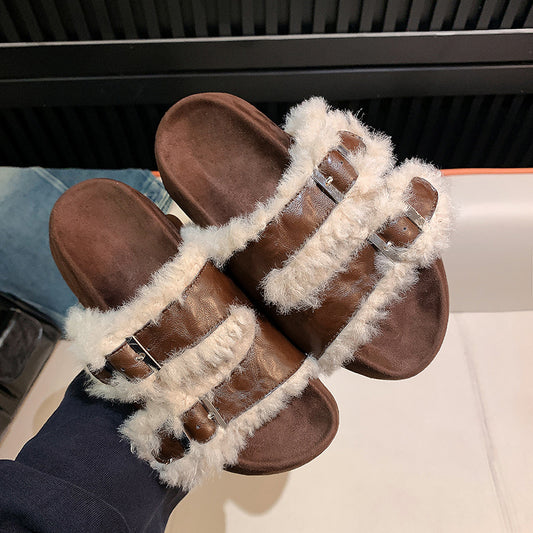 Women's Veet Buckle Thick Bottom Lamb Fur For Slippers