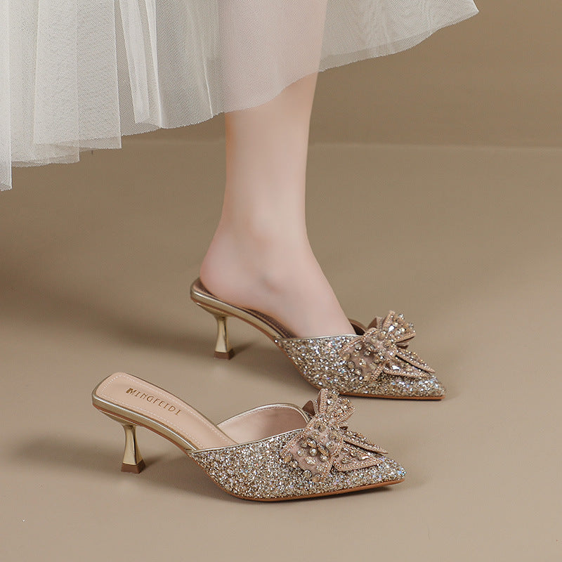 Women's Rhinestone Bow Closed Toe Half Summer Heels