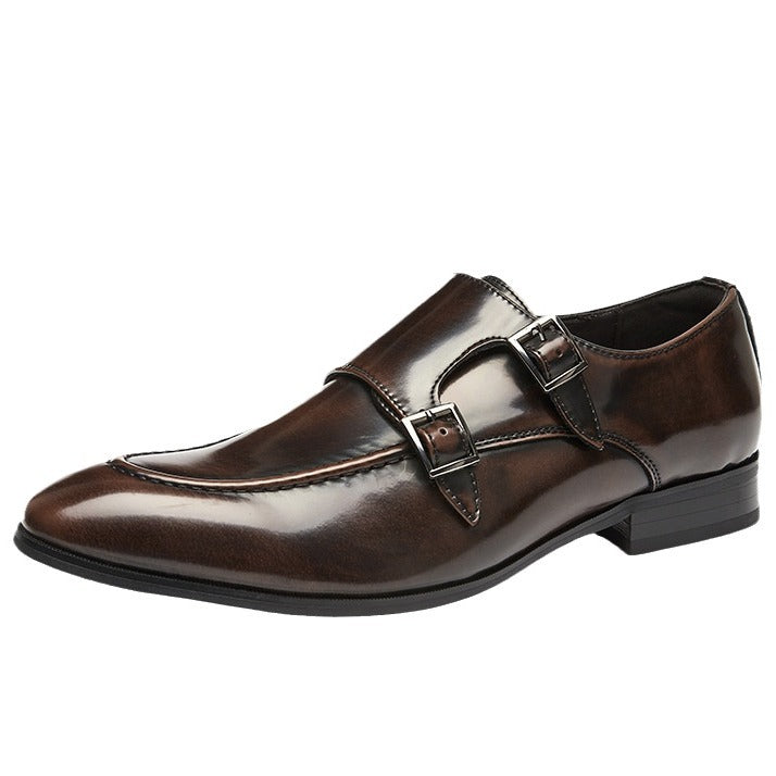 Men's Pointed British Style Double Buckle Monk Leather Shoes