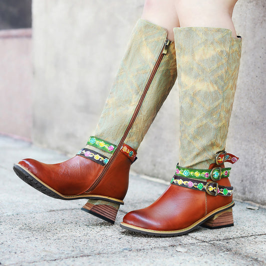 Women's Handmade Genuine Brushed British Retro Patchwork Belt Boots