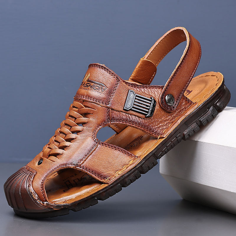 Men's Summer Green Pump Beach First Layer Cowhide Sandals