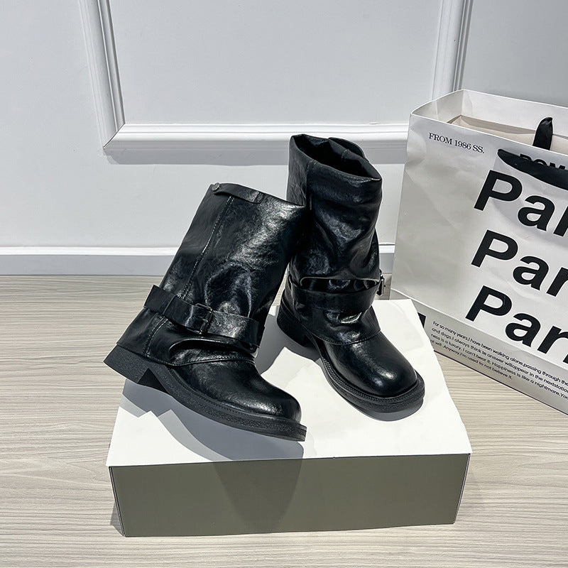 Women's Toe Wide Tube Chunky Middle Retro Belt Boots
