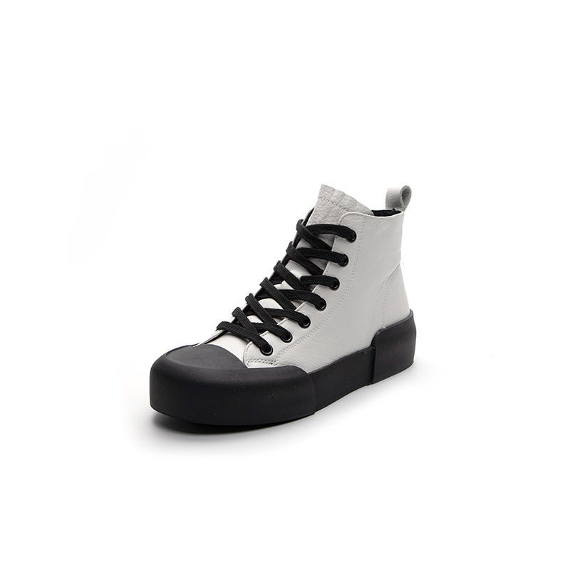 Women's Spring Cowhide Soft Bottom White Flat Sneakers