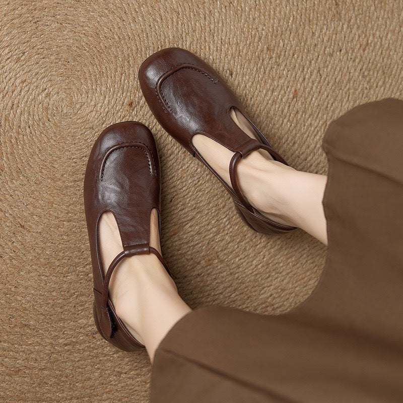 Women's Soft Cowhide Mary Jane Mid Chunky Low-cut Round Head Women's Fashion Shoes
