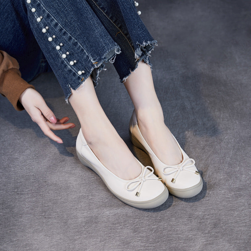 Beautiful Original Color Thick Bowknot Pumps First Layer Heels