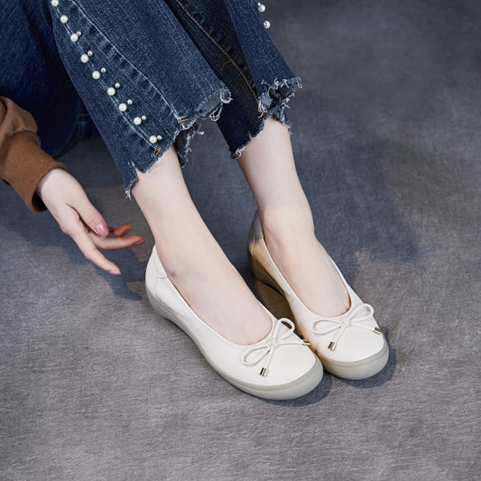 Beautiful Original Color Thick Bowknot Pumps First Layer Heels