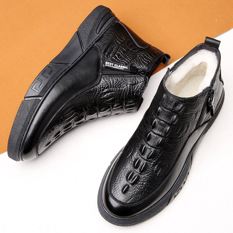 Men's Winter First Layer Cowhide Crocodile Pattern Wool Cotton Fleece-lined Men's Shoes