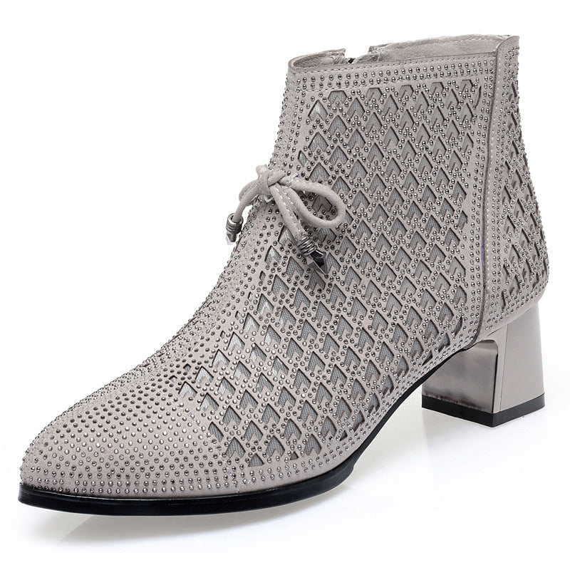 Women's Mesh Ankle Thick Single Rhinestone High Heels