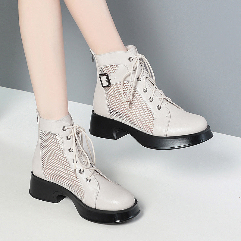 Women's Single Mid Chunky British Lace Screen Boots