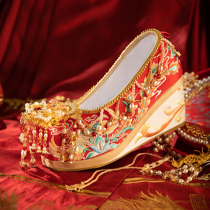 Style Wedding Ancient Height Increasing Red Canvas Shoes