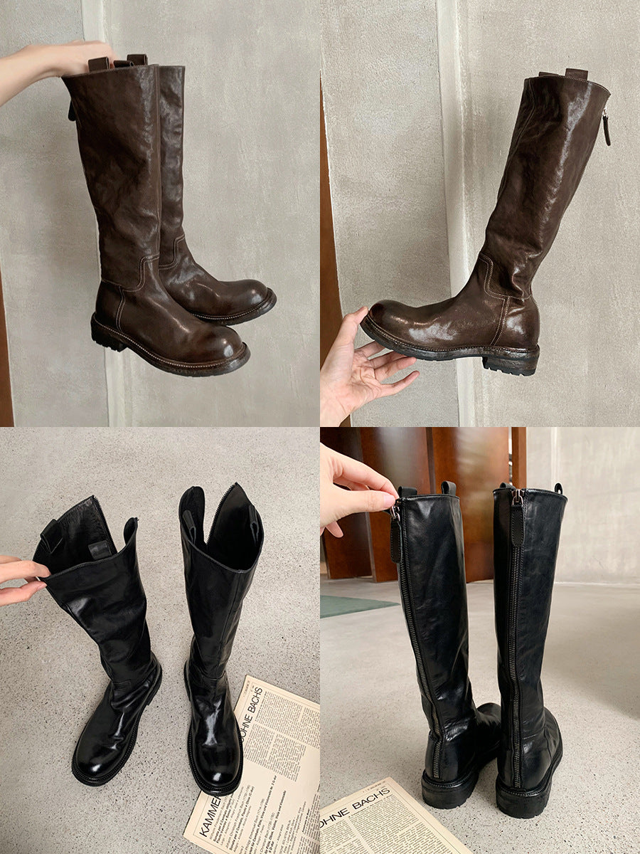 Women's Size Retro Washed Horse High Tube Slimming Middle Chunky Boots